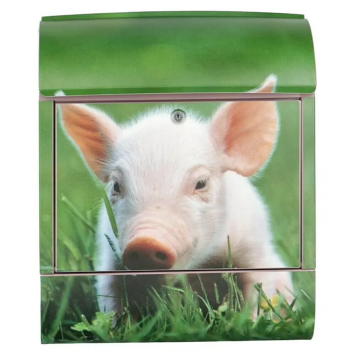 Wandbriefkasten - L x B x H: 12 x 38 x 45 cm, Stahl, Zeitungsfach, Schwein - Dieser Briefkasten zeigt ein entzückendes Ferkel zwischen grünen Gräsern. Eine charmante und verspielte Dekoration für jeden Eingangsbereich.