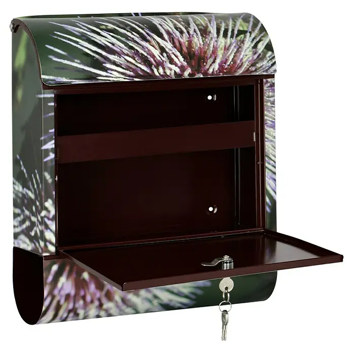 Wandbriefkasten - L x B x H: 12 x 38 x 45 cm, Stahl, Zeitungsfach, Sterndalie - Abgebildeter Briefkasten mit floralem Design, braunem Innenraum und einem Schlüssel am Schloss für die Sicherheit.
