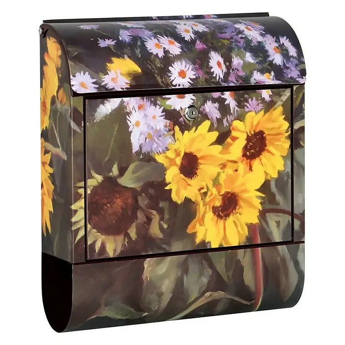 Wandbriefkasten - L x B x H: 12 x 38 x 45 cm, Stahl, Zeitungsfach, Sonnenblume - Ein dekorativer Briefkasten mit einem lebhaften Blumenmuster, das eine Mischung aus Sonnenblumen und Gänseblümchen zeigt. Das Design bringt Farbe ins Freie.