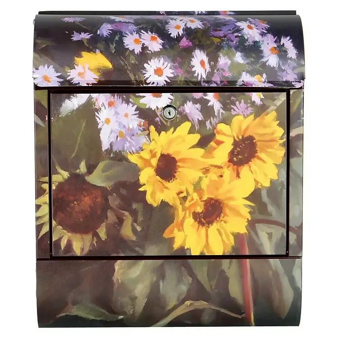 Wandbriefkasten - L x B x H: 12 x 38 x 45 cm, Stahl, Zeitungsfach, Sonnenblume - Eine dekorative Briefkastenfront mit einem farbenfrohen Gemälde aus Sonnenblumen und Gänseblümchen, die eine einladende Note verleihen.
