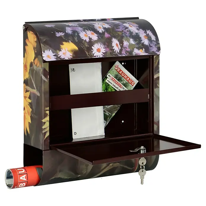 Wandbriefkasten - L x B x H: 12 x 38 x 45 cm, Stahl, Zeitungsfach, Sonnenblume - Der moderne Briefkasten mit Blumendekor bietet einen sicheren Platz für Ihre Post und Zeitungen.