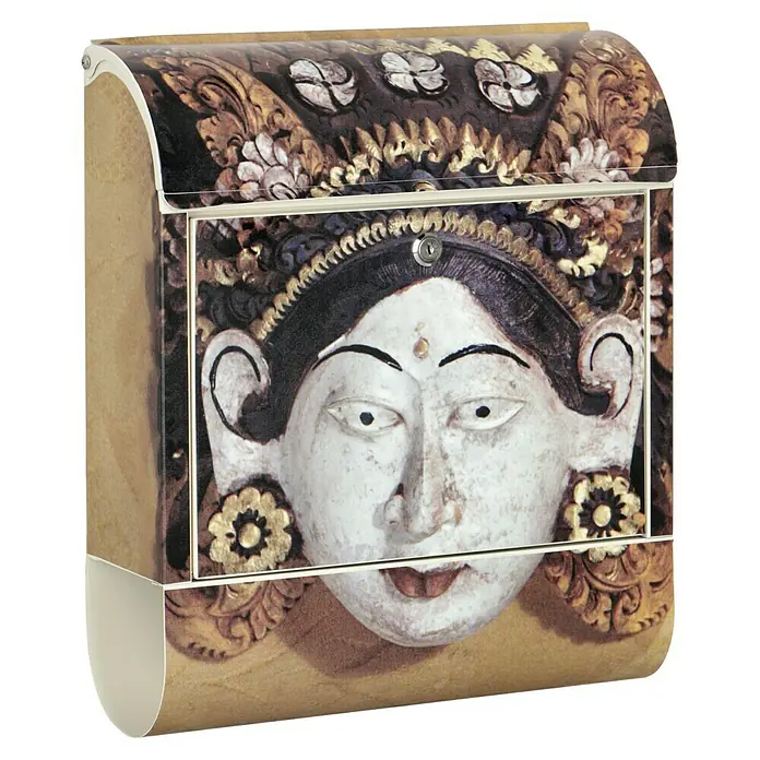 Wandbriefkasten - L x B x H: 12 x 38 x 45 cm, Stahl, Zeitungsfach, Bali - Künstlerischer Briefkasten mit einem detaillierten, geschnitzten Frauengesicht als Dekor. Die Konstruktion besteht aus wetterfesten Materialien.