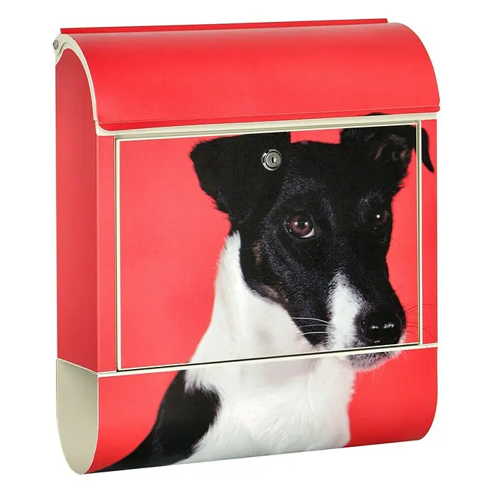 Wandbriefkasten - L x B x H: 12 x 38 x 45 cm, Stahl, Zeitungsfach, Foxterrier - Roter Briefkasten mit einem Bild eines schwarz-weißen Hundes auf der Vorderseite, ein stilvolles Accessoire für jedes Zuhause.