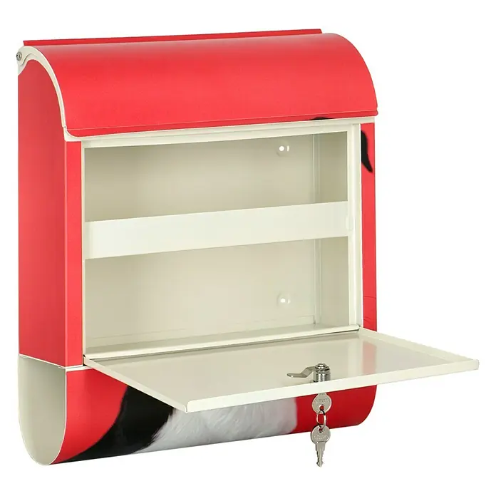 Wandbriefkasten - L x B x H: 12 x 38 x 45 cm, Stahl, Zeitungsfach, Foxterrier - Roter Briefkasten mit geöffneter Klappe und Schlüssel, ideal für Post und kleine Pakete. Sicherer Empfang durch integriertes Schloss.