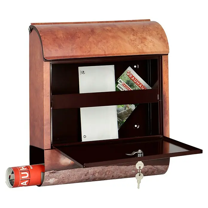 Wandbriefkasten - L x B x H: 12 x 38 x 45 cm, Stahl, Zeitungsfach, Stier - Dieser Briefkasten in antikem Kupfer-Look bietet ausreichend Platz für Ihre Post und Zeitungen. Er ist abschließbar und schützt Ihre Sendungen vor Witterungseinflüssen.