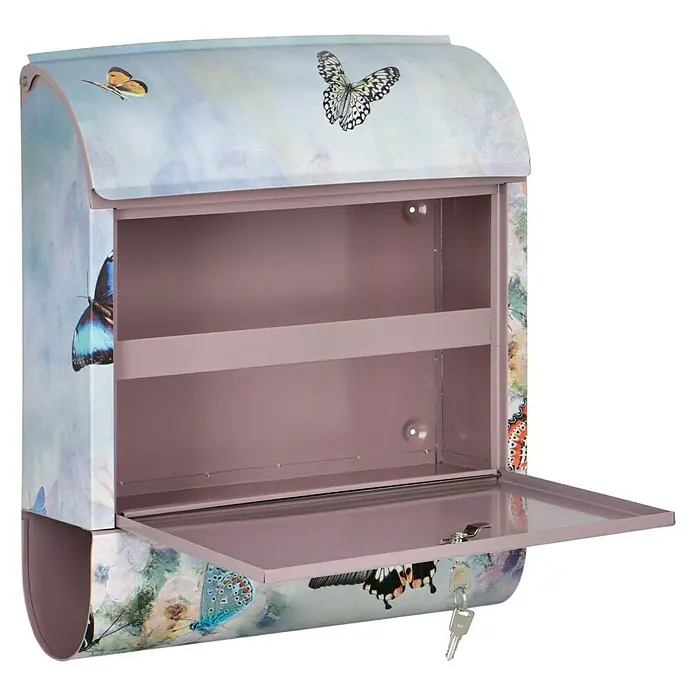 Wandbriefkasten - L x B x H: 12 x 38 x 45 cm, Stahl, Zeitungsfach, Schmetterling - Dieser bunte Briefkasten mit Schmetterlingsmuster ist ein dekoratives und praktisches Element für jeden Eingangsbereich.