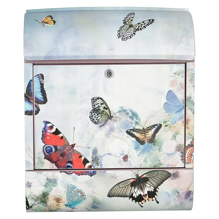 Wandbriefkasten - L x B x H: 12 x 38 x 45 cm, Stahl, Zeitungsfach, Schmetterling - Ein bunter Briefkasten mit Schmetterlingsmotiv, perfekt für die Hauswand, um die tägliche Post stilvoll zu empfangen.