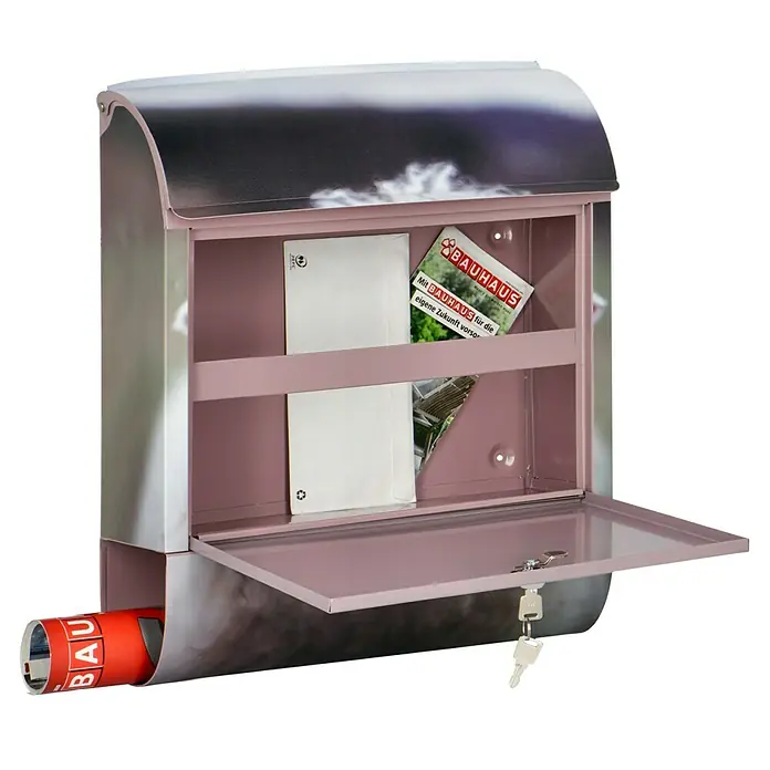 Wandbriefkasten - L x B x H: 12 x 38 x 45 cm, Stahl, Zeitungsfach, Schaf - Ein rosa Briefkasten mit Zeitungen und Briefen im Inneren, der eine elegante und funktionale Lösung für Ihre Post darstellt.