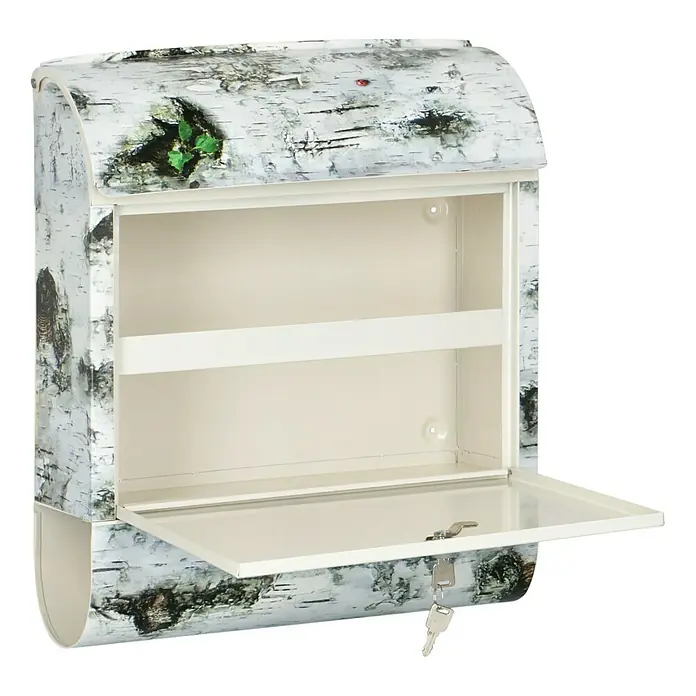 Wandbriefkasten - L x B x H: 12 cm x 380 mm x 45 cm, Stahl, Zeitungsfach, Birke - Ein offener Briefkasten in Birkenrindeoptik mit einem Regal und einem Schlüssel. Ideal für den Eingangsbereich.