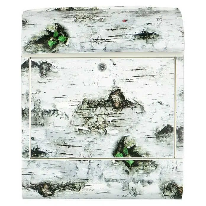 Wandbriefkasten - L x B x H: 12 cm x 380 mm x 45 cm, Stahl, Zeitungsfach, Birke - Nahaufnahme eines Briefkastens mit Birkenmuster, ideal für den Außenbereich und mit Schloss für sichere Postzustellung.