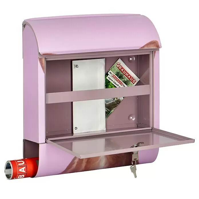 Wandbriefkasten - L x B x H: 12 cm x 380 mm x 45 cm, Stahl, Zeitungsfach, Chihuahua - Lila/violettfarbener Briefkasten mit geöffneter Tür, einem Umschlag und Prospekt im Inneren sowie einem Zeitungsfach. Schlüssel hängen am Schloss.