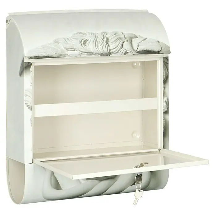 Wandbriefkasten - L x B x H: 12 cm x 380 mm x 45 cm, Stahl, Zeitungsfach, Medusa - Hier ist ein weißer Briefkasten mit einem verzierten Deckel und einer offenen Klappe mit Schlüssel für sichere Postzustellung.