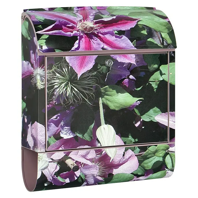 Wandbriefkasten - L x B x H: 12 cm x 380 mm x 45 cm, Stahl, Zeitungsfach, Clematis - Detailansicht eines Briefkastens mit Clematis-Design. Die Blumenmotive verleihen dem Postkasten eine natürliche und elegante Optik.