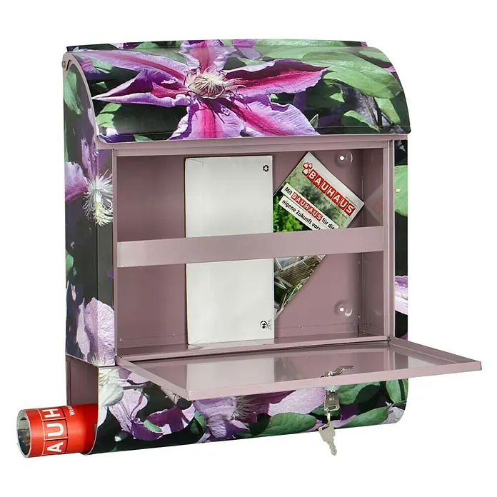 Wandbriefkasten - L x B x H: 12 cm x 380 mm x 45 cm, Stahl, Zeitungsfach, Clematis - Ein detailreicher Briefkasten mit Blumenmuster, der sowohl funktional als auch ästhetisch ansprechend ist.
