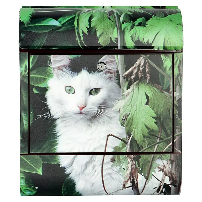 Wandbriefkasten - L x B x H: 12 cm x 380 mm x 45 cm, Stahl, Zeitungsfach, Maine Coon - Dekorativer Briefkasten mit Katzenmotiv und grünen Blättern. Der Briefkasten ist ein echter Hingucker für jeden Hauseingang.