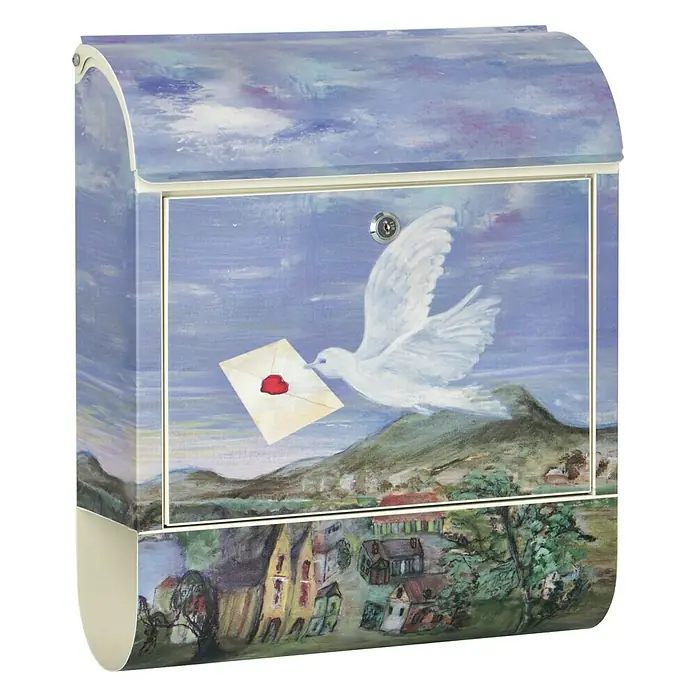 Wandbriefkasten - L x B x H: 12 cm x 380 mm x 45 cm, Stahl, Zeitungsfach, Brieftaube - Das Bild zeigt einen dekorativen Briefkasten mit einer Friedenstaube, die einen Brief über eine malerische Landschaft bringt.