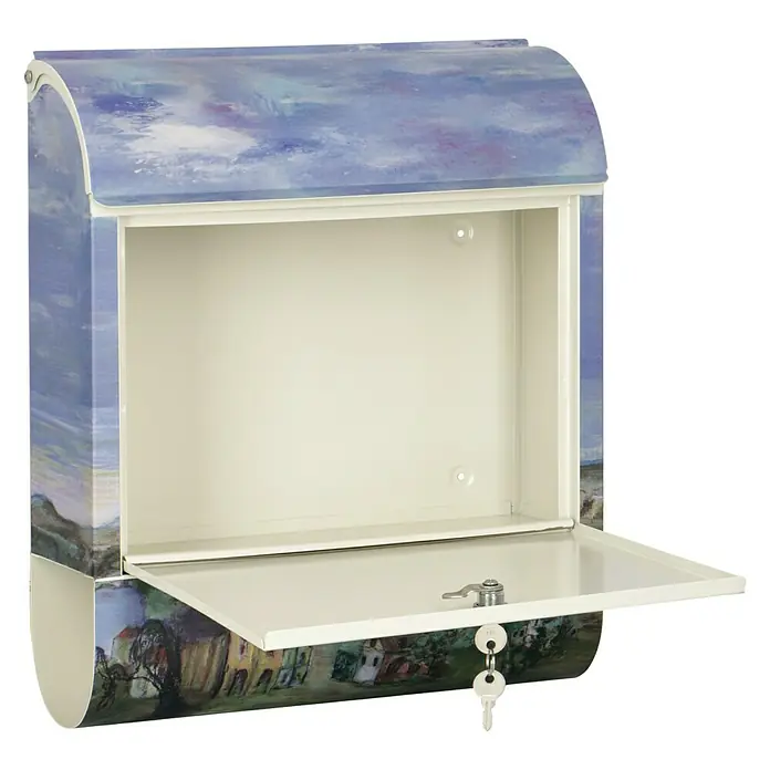 Wandbriefkasten - L x B x H: 12 cm x 380 mm x 45 cm, Stahl, Zeitungsfach, Brieftaube - Hier ist ein offener, dekorativer Briefkasten mit Landschaftsmalerei und zwei Schlüsseln. Ideal für stilvolle Postzustellung.