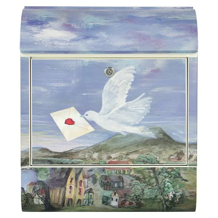 Wandbriefkasten - L x B x H: 12 cm x 380 mm x 45 cm, Stahl, Zeitungsfach, Brieftaube - Eine bemalte Briefkasten mit einer Taube, die einen Brief trägt, vor einer malerischen Landschaft.