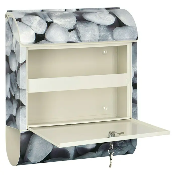 Wandbriefkasten - L x B x H: 12 cm x 380 mm x 45 cm, Stahl, Zeitungsfach, Kiesel - Offener Briefkasten mit Steinmuster, der einen Einblick in das Innere und das Schloss mit Schlüssel bietet.