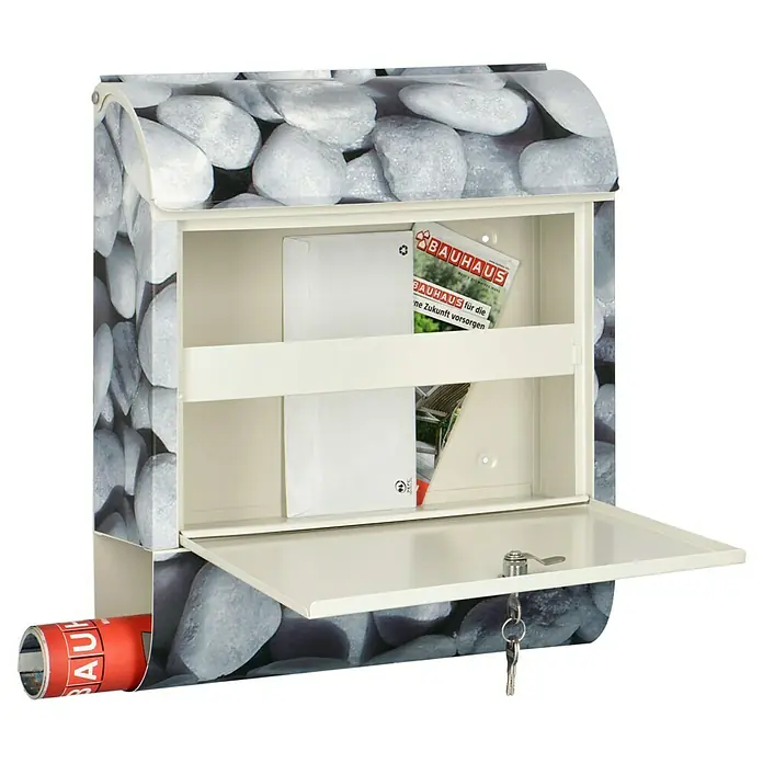 Wandbriefkasten - L x B x H: 12 cm x 380 mm x 45 cm, Stahl, Zeitungsfach, Kiesel - Ein detailreicher Blick auf einen modernen Briefkasten mit Steindekor, der sowohl Funktionalität als auch Ästhetik vereint.