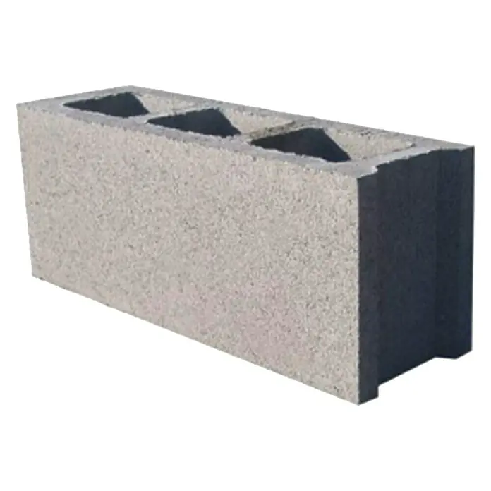 BHS Valencia Bloque de hormigón poroso - 50 x 15 x 20 cm, Hormigón - Primer plano de un solo bloque de concreto utilizado para proyectos de construcción. El bloque tiene tres agujeros y una textura rugosa.