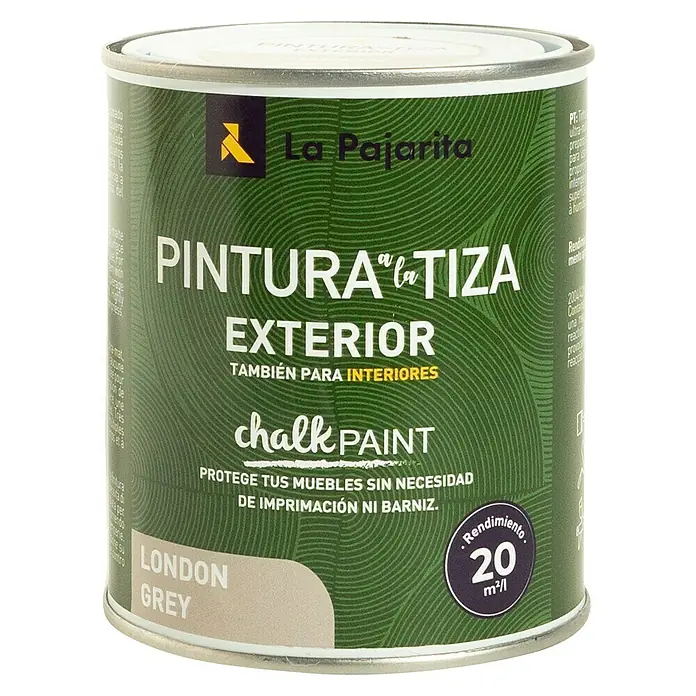 La Pajarita Pintura de tiza - London Grey, 750 ml, Mate - Bote de pintura a la tiza "La Pajarita" London Grey para exterior, también para interiores, protege muebles sin imprimación ni barniz.