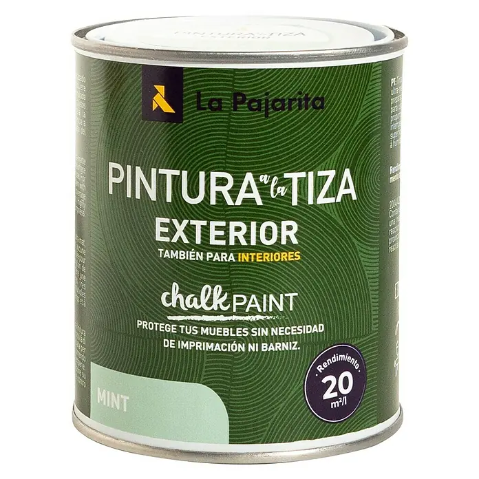 La Pajarita Pintura de tiza - Mint, 750 ml, Mate - Bote de pintura a la tiza Mint La Pajarita para exterior, también apta para interiores. Protege los muebles sin imprimación ni barniz.