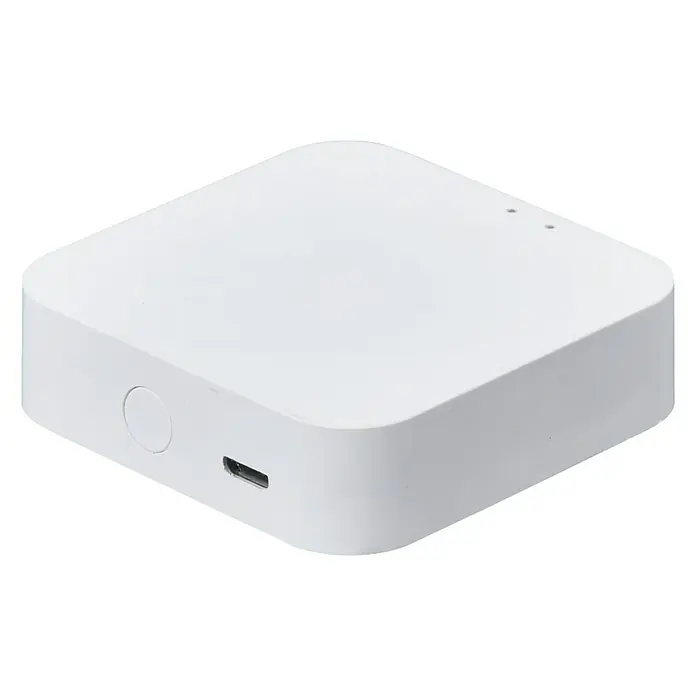 Lutec Conector de red - L x An x Al: 1,6 x 6 x 6 cm - Primer plano de un hub para el hogar inteligente cuadrado y blanco con bordes redondeados, un puerto USB y dos pequeños LED en la parte superior.