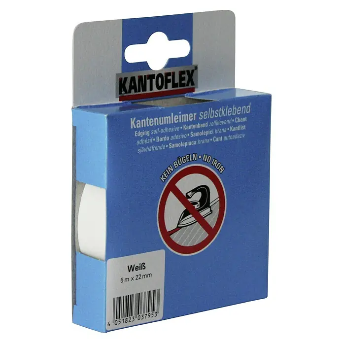 Kantoflex Umleimer - Weiß, 5 m x 22 mm - Bild einer Kantenbandrolle „Kantoflex“, selbstklebend, weiß, 5 m x 22 mm, mit Bügelverbotssymbol auf der Verpackung.