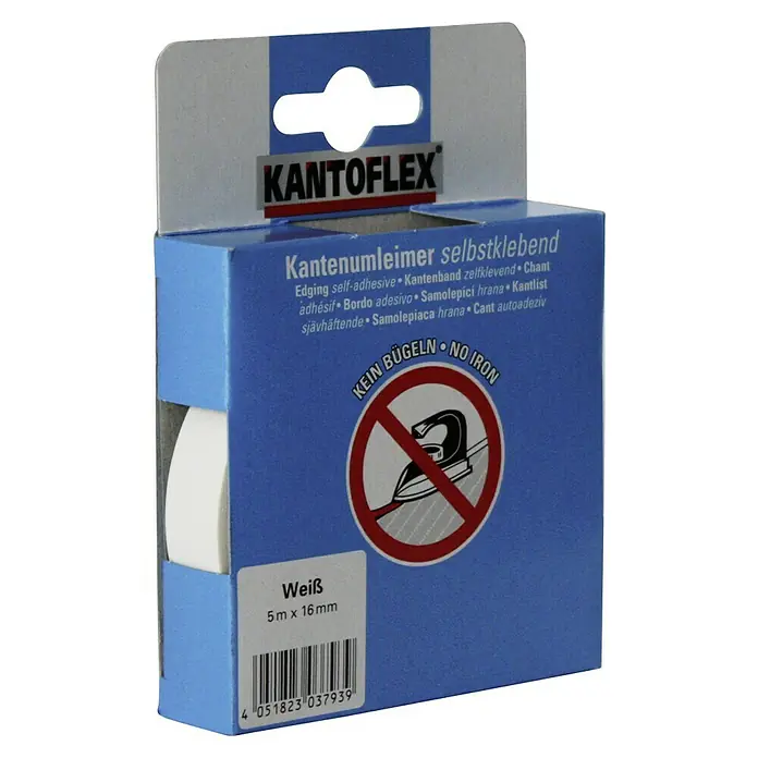 Kantoflex Umleimer - Weiß, 5 m x 16 mm - Kantenleimer selbstklebend von Kantoflex: Weißes Umleimerband (5 m x 16 mm) in blauer Verpackung mit Warnhinweis "Kein Bügeln".