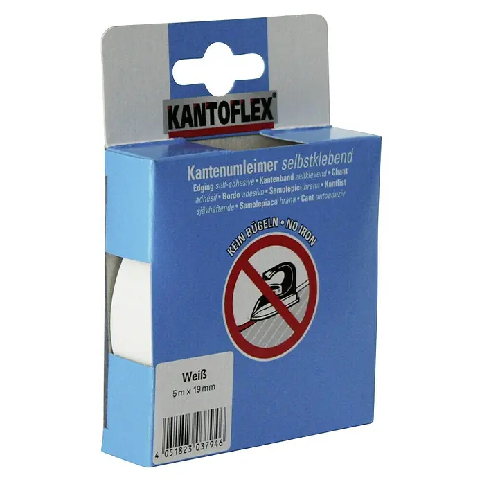 Kantoflex Umleimer - Weiß, 5 m x 19 mm - Bild von KANTOFLEX Kantenleimer selbstklebend, Farbe Weiß, 5 m x 19 mm, mit einem "Kein Bügeln"-Symbol.