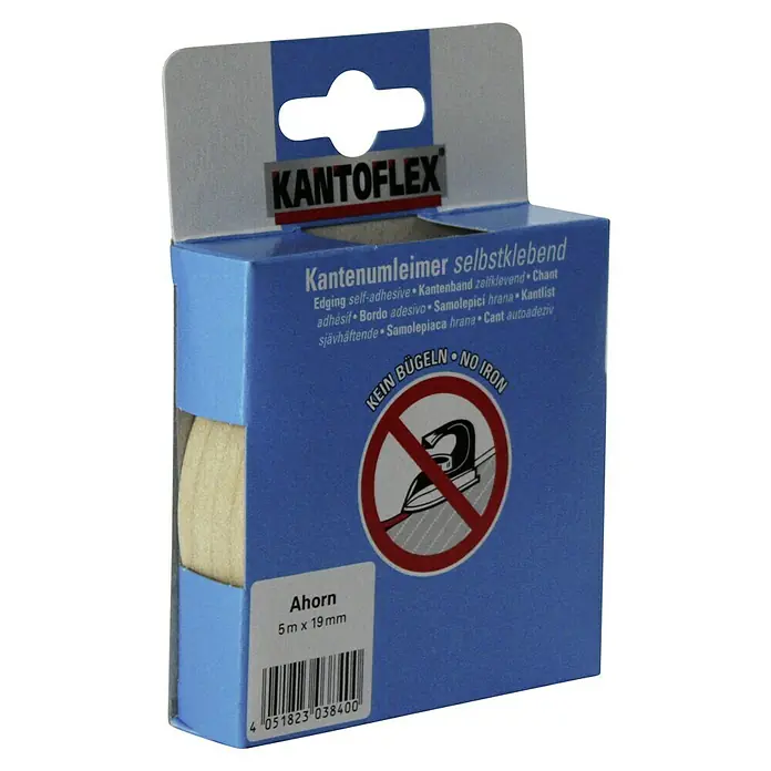 Kantoflex Umleimer - Königsahorn/Ahorn Natur, 5 m x 19 mm - Kantenanleimer "Ahorn" selbstklebend, 5m x 19mm, mit Hinweis "Kein Bügeln". Ideal für Möbelkanten, einfache Anwendung ohne Bügeleisen.