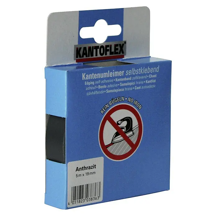 Kantoflex Umleimer - Anthrazit, 5 m x 19 mm - Produktverpackung Kantoflex Anthrazit Kantenband selbstklebend, 5 m x 19 mm, mit Hinweis "Kein Bügeln".