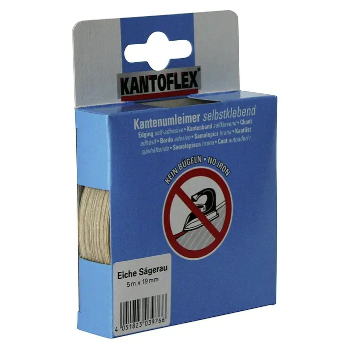 Kantoflex Umleimer - Eiche Sägerau, 5 m x 19 mm - Abbildung einer Kantenanleimer-Rolle Eiche Sägerau von Kantoflex, selbstklebend und ohne Bügeln zu verarbeiten.