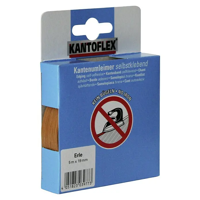 Kantoflex Umleimer - Erle, 5 m x 19 mm - Kantenanleimer selbstklebend, "Erle", 5 m x 19 mm, mit Warnhinweis "Kein Bügeln".