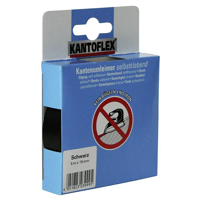Kantoflex Umleimer - Schwarz, 5 m x 19 mm - Bild einer Kantenumleimer-Rolle von Kantoflex in Schwarz, selbstklebend und 5m x 19mm groß, mit dem Hinweis "Kein Bügeln".