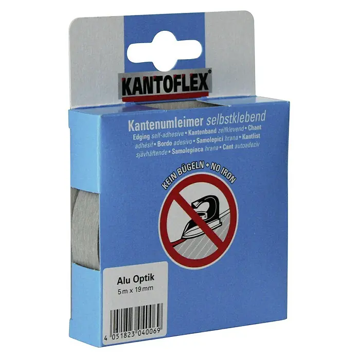 Kantoflex Umleimer - Aluminium-Optik, 5 m x 19 mm - Bild eines KANTOFLEX-Kantenumleimers, selbstklebend, in Alu Optik, 5 m x 19 mm. Kein Bügeln erforderlich.
