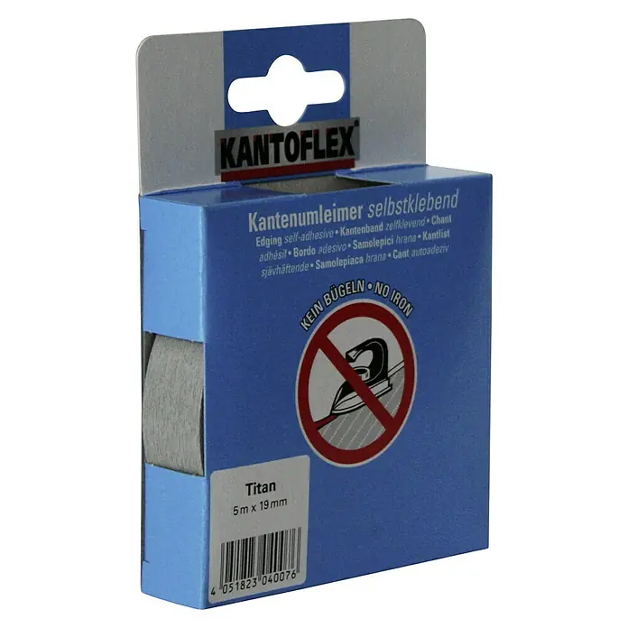 Kantoflex Umleimer - Titan, 5 m x 19 mm - Kantenanleimer "Titan" selbstklebend, 5 m x 19 mm, mit dem Hinweis "Kein Bügeln". Ideal für präzise Kantenverarbeitung ohne Bügeleisen.