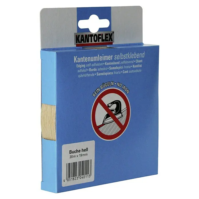 Kantoflex Umleimer - Buche Multiplex, 20 m x 19 mm - Produktbild einer Kantenanleimer-Rolle "Buche hell" von Kantoflex, selbstklebend und ohne Bügeln anzuwenden.