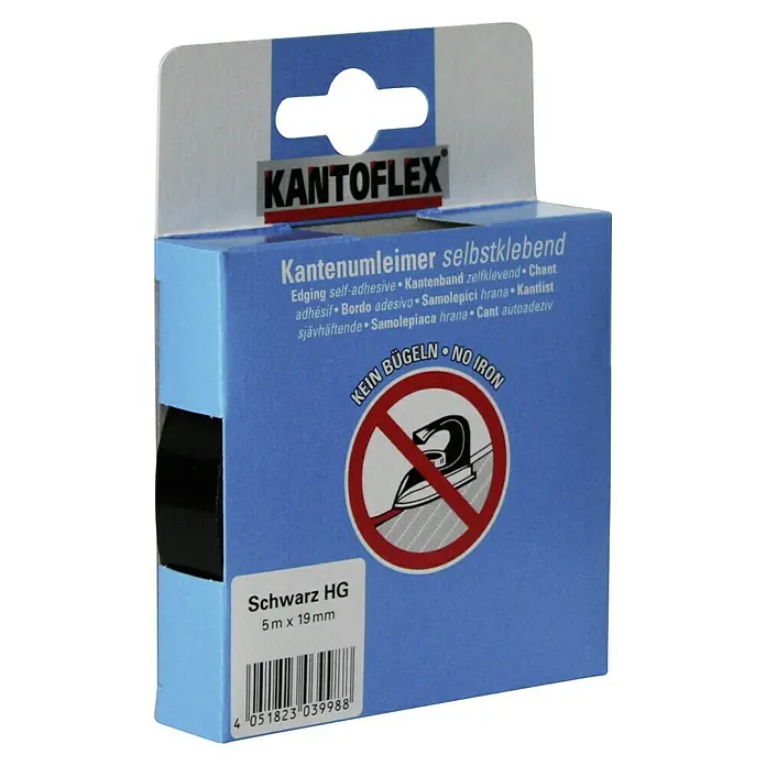 Kantoflex Umleimer - Schwarz Hochglanz, 5 m x 19 mm - KantoFlex Kantenband, selbstklebend, in Schwarz HG, 5m x 19mm. Ideal für Möbelkanten, kein Bügeln notwendig.