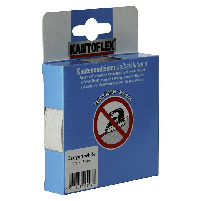 Kantoflex Umleimer - Canyon White, 5 m x 19 mm - Packung KantoFlex Kantenumleimer selbstklebend in Canyon White, 5 m x 19 mm, Hinweis: Nicht bügeln, für einfache und schnelle Kantenanbringung.