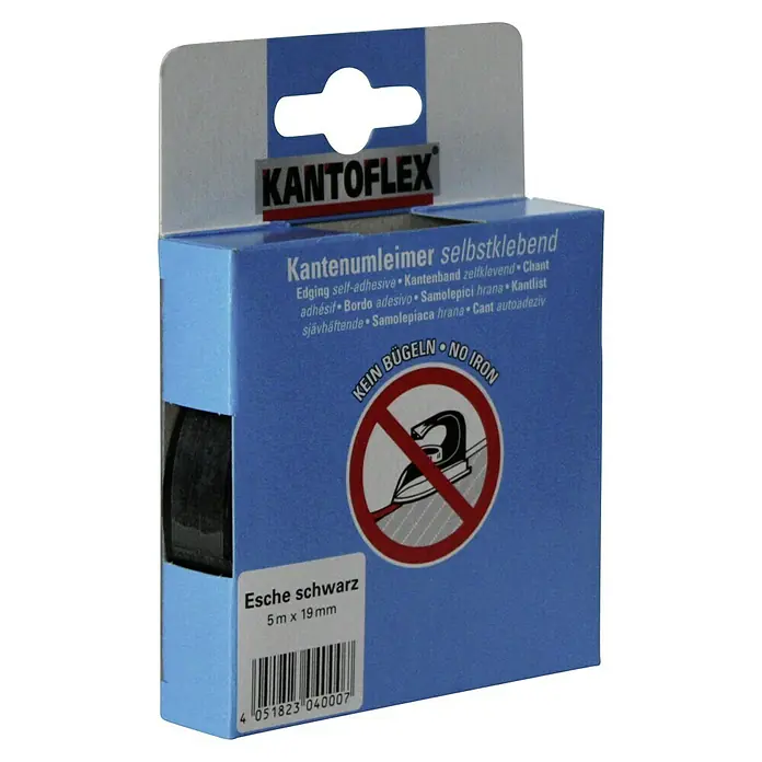 Kantoflex Umleimer - Esche Schwarz, 5 m x 19 mm - Abbildung einer Kantenanleimer-Rolle Esche schwarz selbstklebend, 5 m x 19 mm, mit dem Hinweis "Kein Bügeln".