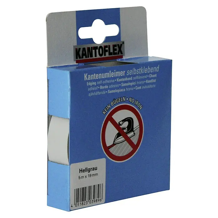 Kantoflex Umleimer - Hellgrau, 5 m x 19 mm - Produktverpackung von KANTOFLEX Kantenumleimer selbstklebend, hellgrau, 5 m x 19 mm, mit Bügelverbotssymbol.