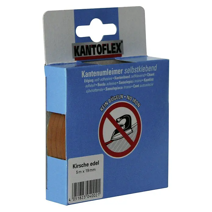 Kantoflex Umleimer - Kirsche Edel, 5 m x 19 mm - Kantenband Kantoflex "Kirsche edel" selbstklebend, 5 m x 19 mm, präsentiert in einer blauen Verpackung mit Bügelverbot-Symbol.