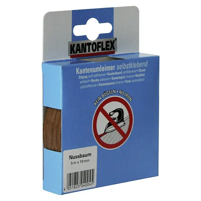 Kantoflex Umleimer - Nussbaum, 5 m x 19 mm - Foto einer Kantenanleimer-Rolle "Nussbaum" (5 m x 19 mm) von Kantoflex, selbstklebend und ohne Bügeln anzubringen.