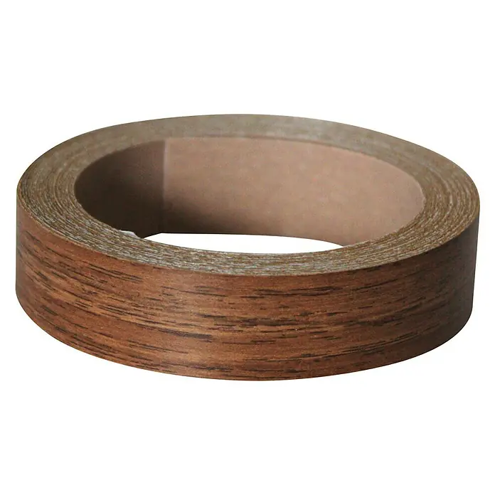 Kantoflex Umleimer - Nussbaum, 5 m x 19 mm - Nahaufnahme einer Rolle Holzfurnierkante, die ein natürliches Holzmaserdesign für Möbelveredelungsarbeiten zeigt.