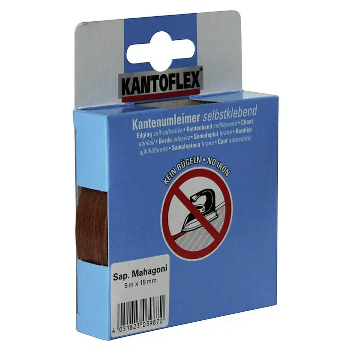 Kantoflex Umleimer - Sapelli/Mahagoni, 5 m x 19 mm - Bild einer Rolle Kanto-Flex Sap. Mahagoni Umleimer, selbstklebend, 5 m x 19 mm. Das Produkt ist in einer blauen Verpackung.