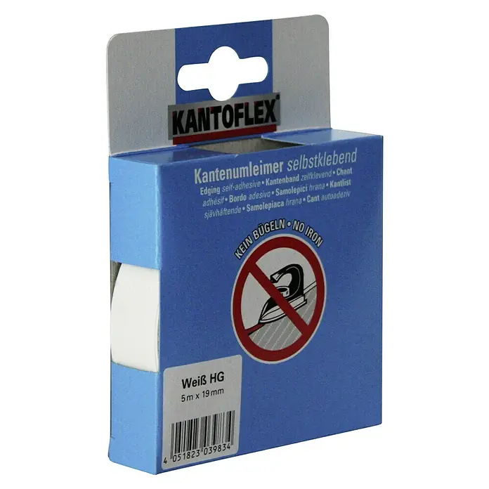 Kantoflex Umleimer - Weiß Hochglanz, 5 m x 19 mm - Kantenband von Kantoflex, selbstklebend, in Weiß HG, 5m x 19mm, mit dem Hinweis "Kein Bügeln".