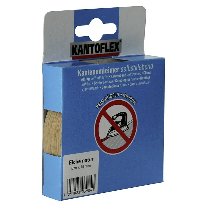 Kantoflex Umleimer - Eiche Natur, 5 m x 19 mm - Nahaufnahme einer Packung KantoFlex Kantenumleimer selbstklebend in Eiche Natur, 5m x 19mm.
