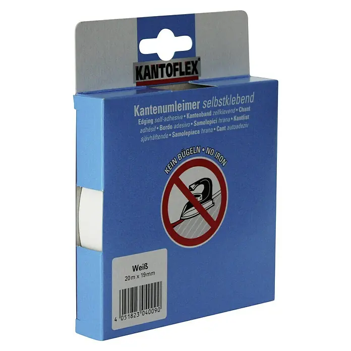 Kantoflex Umleimer - Weiß, 20 m x 19 mm - Kantenumleimer selbstklebend in Weiß (20 m x 19 mm), verpackt in einer blauen Schachtel mit dem Aufdruck "Kein Bügeln".
